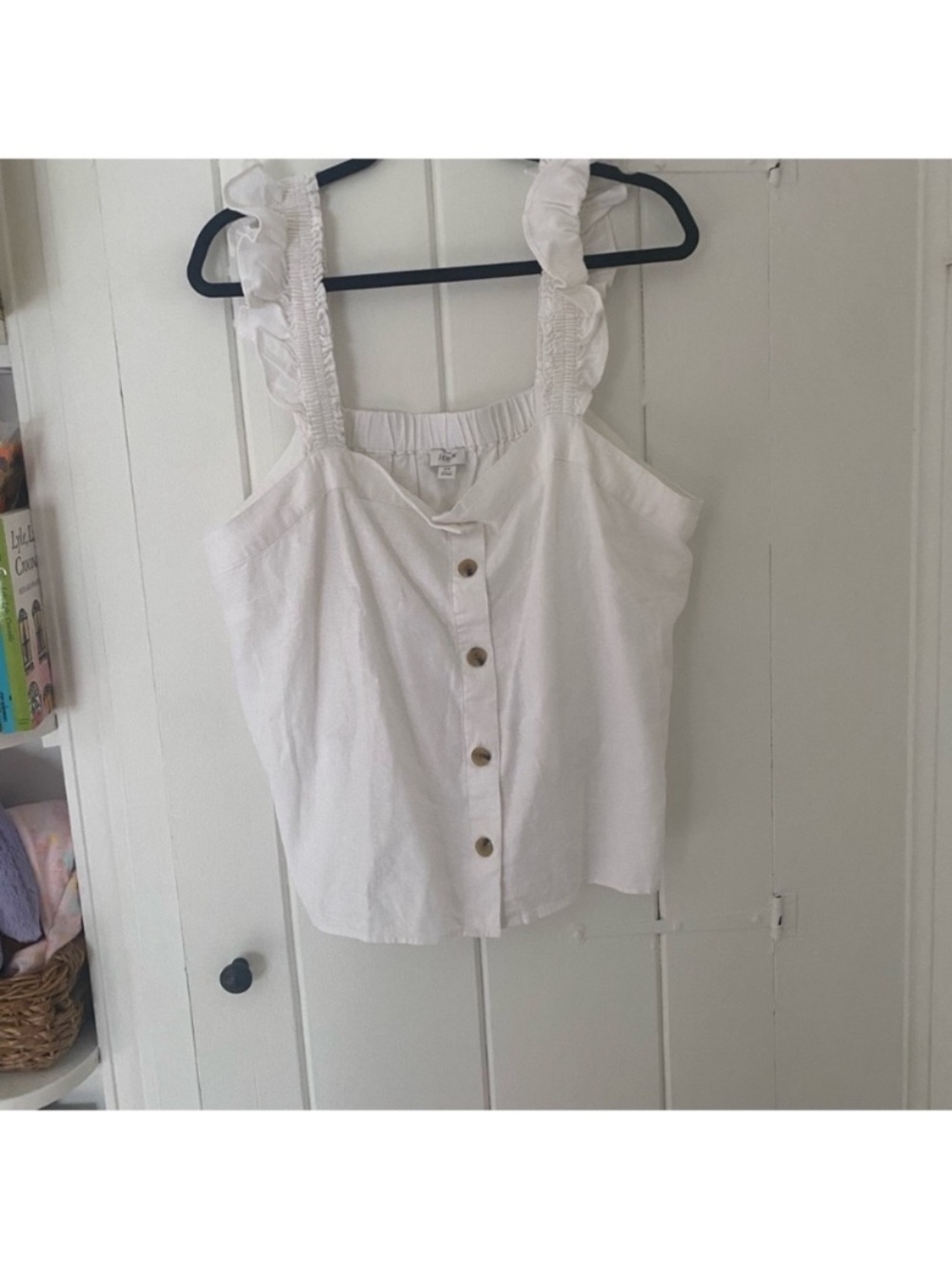 Women’s White Button-Front Ruffle Strap Top - Picture 2 of 2
